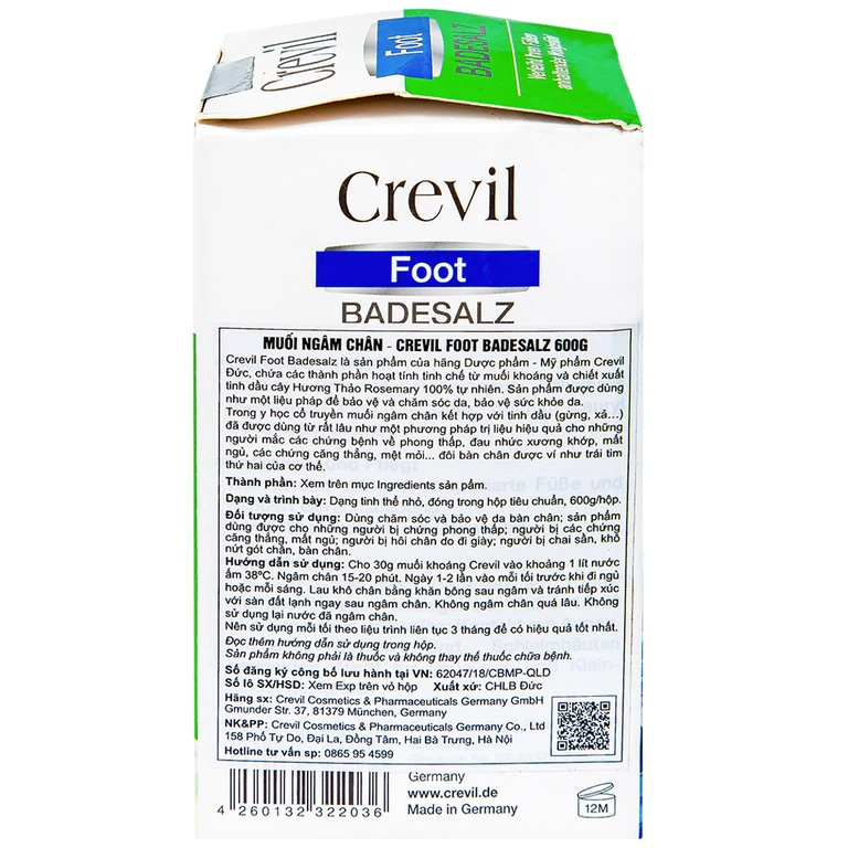 Muối ngâm chân Crevil Foot Badesalz giảm chứng phong thấp, đau nhức xương khớp, mất ngủ (600g)