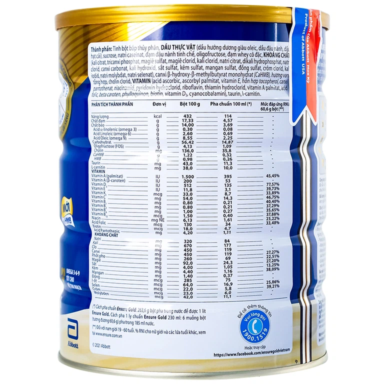 Sữa bột Ensure Gold Abbott hương vani bổ sung dinh dưỡng, vitamin, khoáng chất cho cơ thể (850g) 