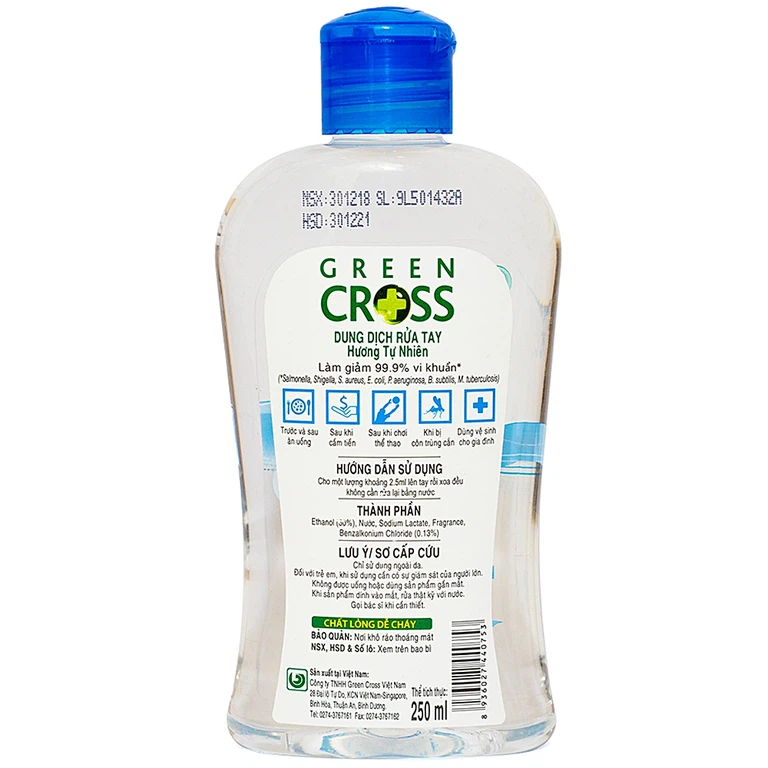 Dung dịch rửa tay Green Cross hương tự nhiên làm sạch tay, kháng khuẩn, khử mùi (250ml)