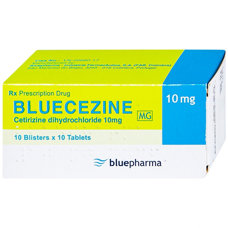 Thuốc Bluecezine 10mg Bluepharma điều trị dị ứng, viêm mũi dị ứng (10 vỉ x 10 viên)