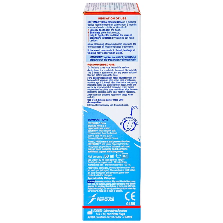 Dung dịch xịt mũi Stérimar Blocked Nose Baby 50ml làm sạch, loại bỏ bụi bẩn niêm mạc mũi cho trẻ từ 3 tháng - 3 tuổi