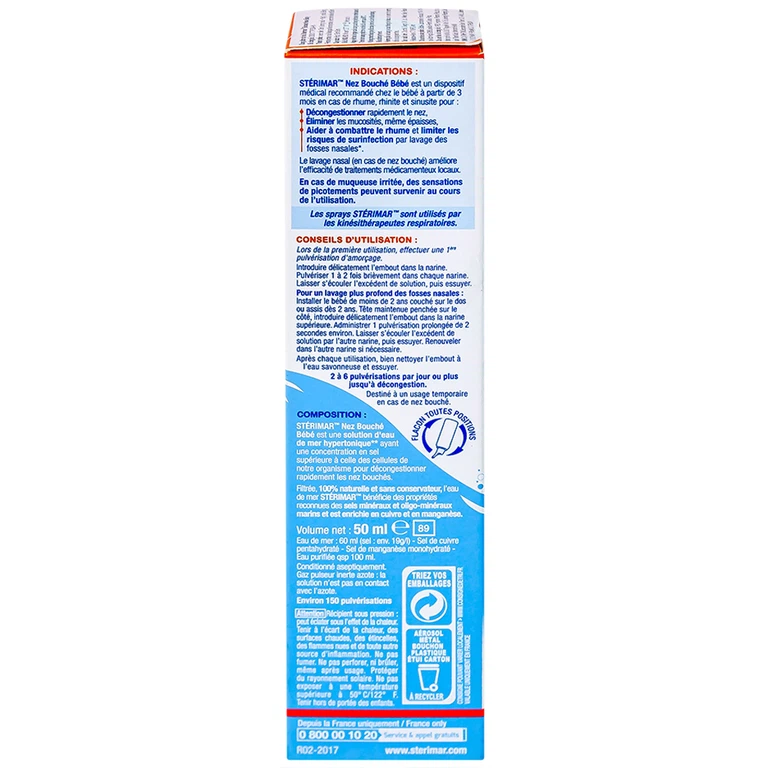 Dung dịch xịt mũi Stérimar Blocked Nose Baby 50ml làm sạch, loại bỏ bụi bẩn niêm mạc mũi cho trẻ từ 3 tháng - 3 tuổi
