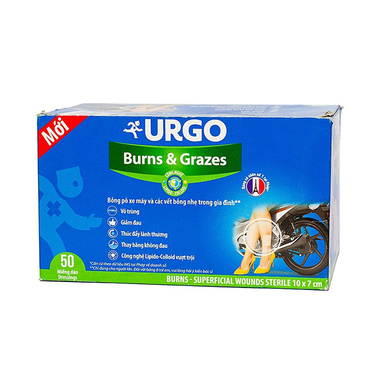 Băng gạc vô trùng Urgo Burns And Grazes size 10cm x 7cm dùng cho các vết bỏng và vết thương bề mặt (50 miếng) 