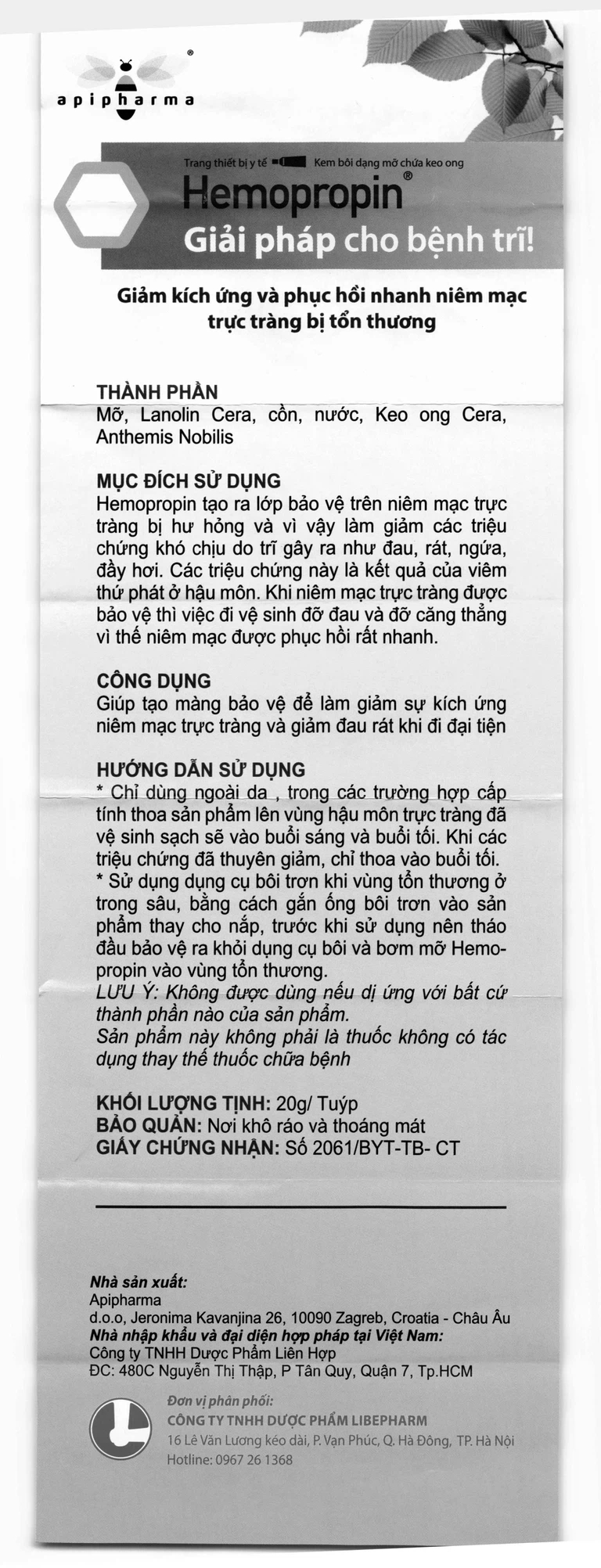 Kem bôi dạng mỡ chứa keo ong Hemopropin ApiPharma giảm kích ứng niêm mạc trực tràng (20g)