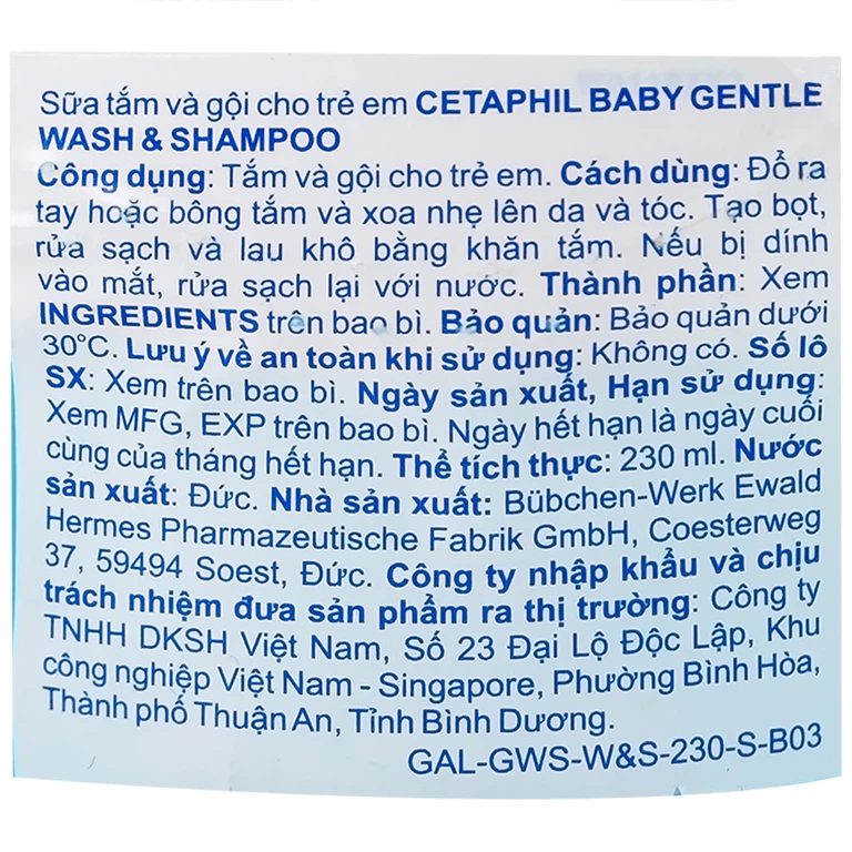 Sữa tắm và gội cho trẻ em Cetaphil Baby Gentle Wash And Shampoo (230ml)