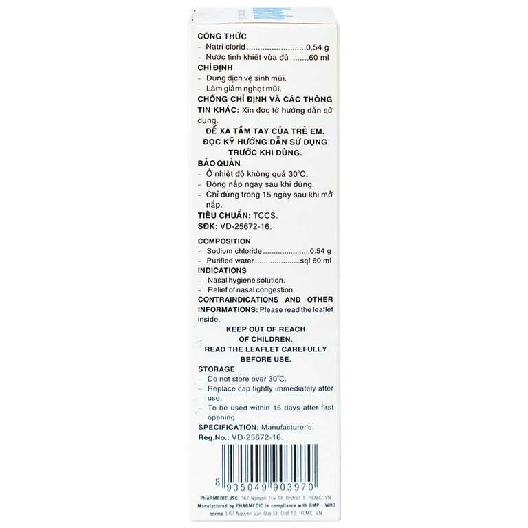 Dung dịch xịt mũi Nacofar Pharmadic vệ sinh mũi, giảm nghẹt mũi (60ml)