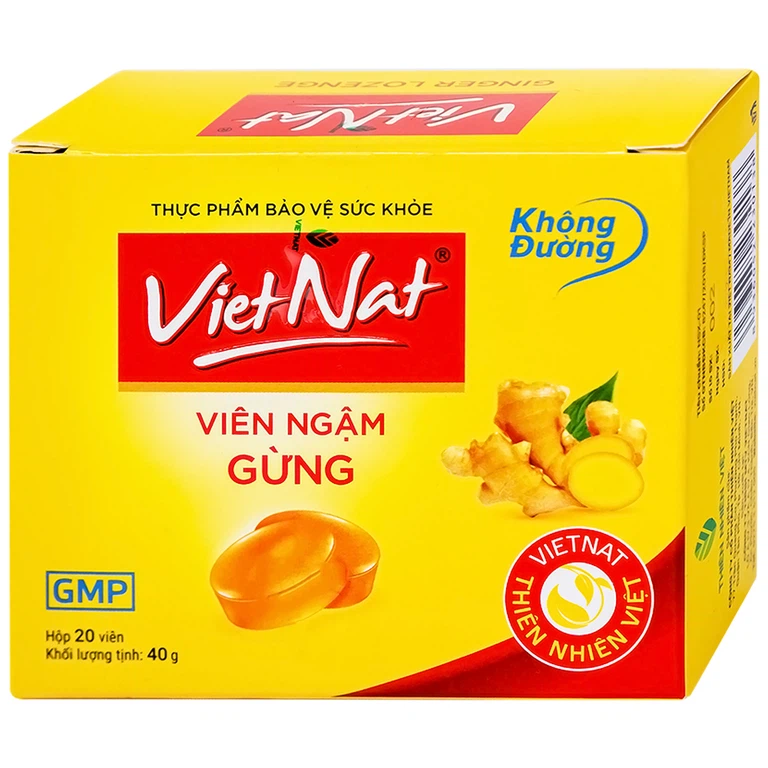 Viên ngậm gừng không đường VietNat hỗ trợ làm ấm tỳ vị, giảm nôn, ăn không tiêu đầy hơi (5 vỉ x 4 viên)