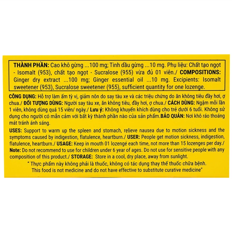 Viên ngậm gừng không đường VietNat hỗ trợ làm ấm tỳ vị, giảm nôn, ăn không tiêu đầy hơi (5 vỉ x 4 viên)