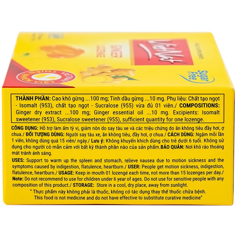 Viên ngậm gừng không đường VietNat hỗ trợ làm ấm tỳ vị, giảm nôn, ăn không tiêu đầy hơi (5 vỉ x 4 viên)