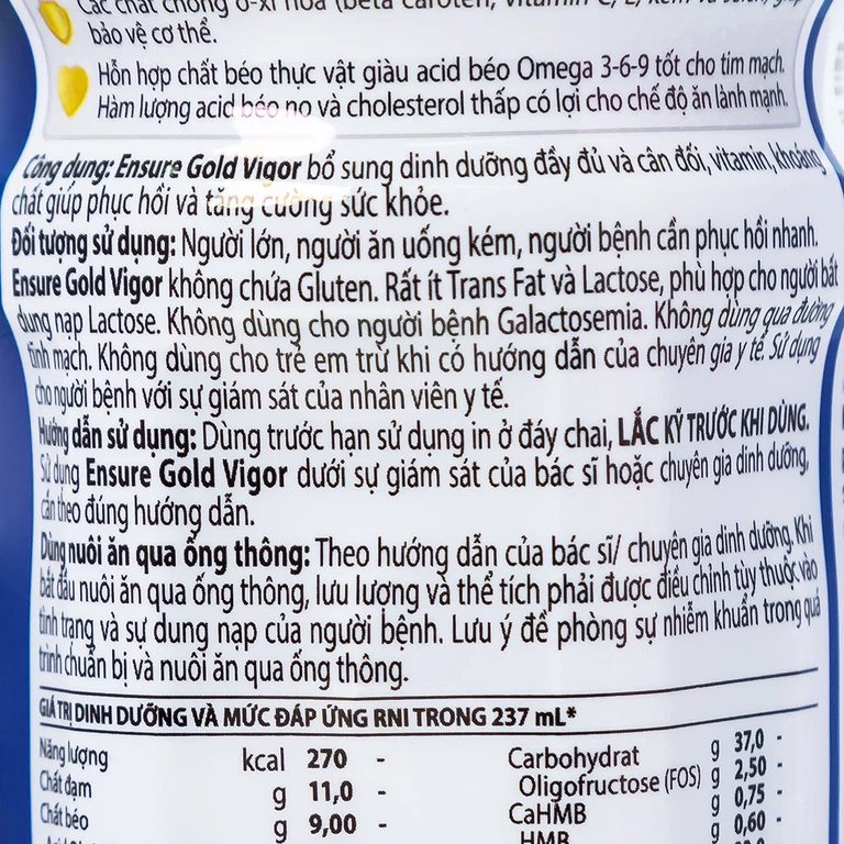 Sữa Ensure Gold Vigor Abbott hương vani bổ sung dinh dưỡng, vitamin, khoáng chất cho cơ thể (237ml)