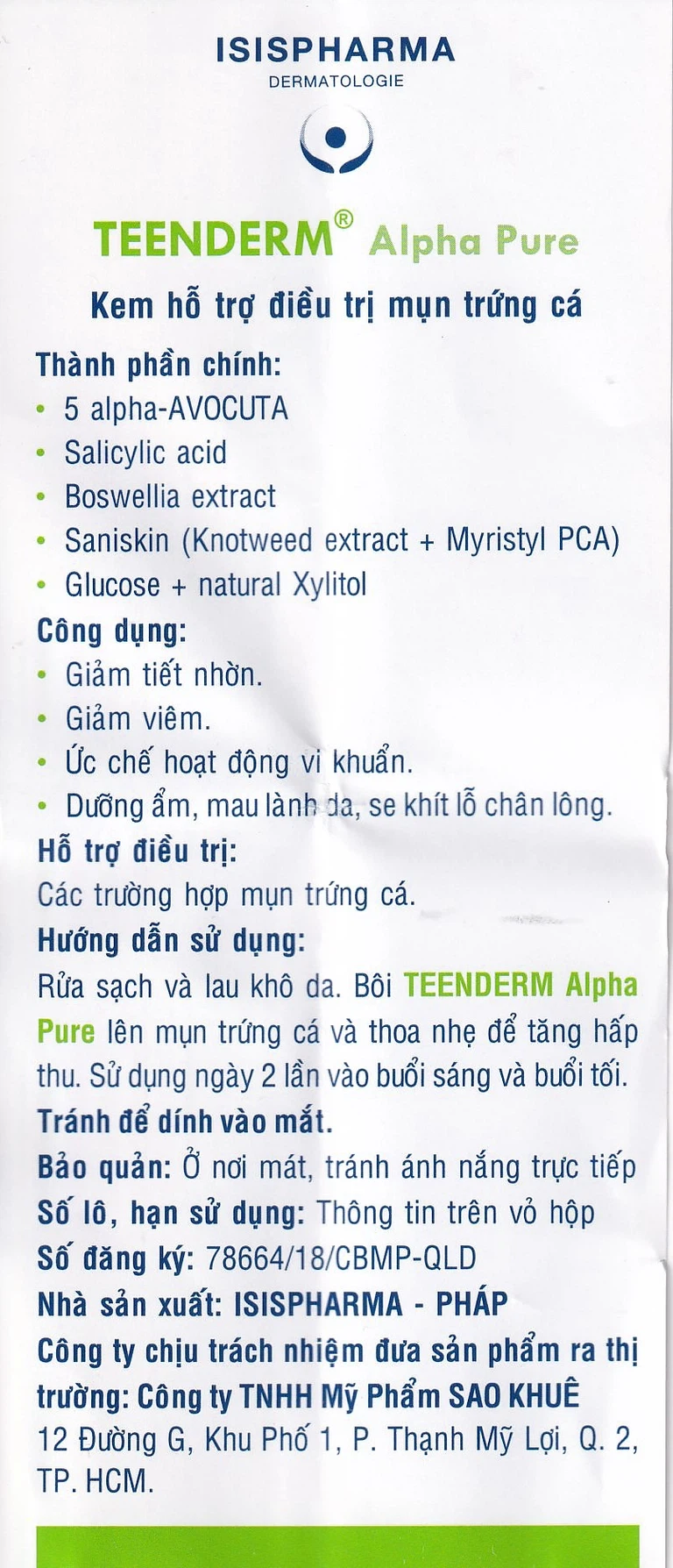 Kem Isis Pharma Teenderm Alpha Pure hỗ trợ điều trị mụn trứng cá (30ml)
