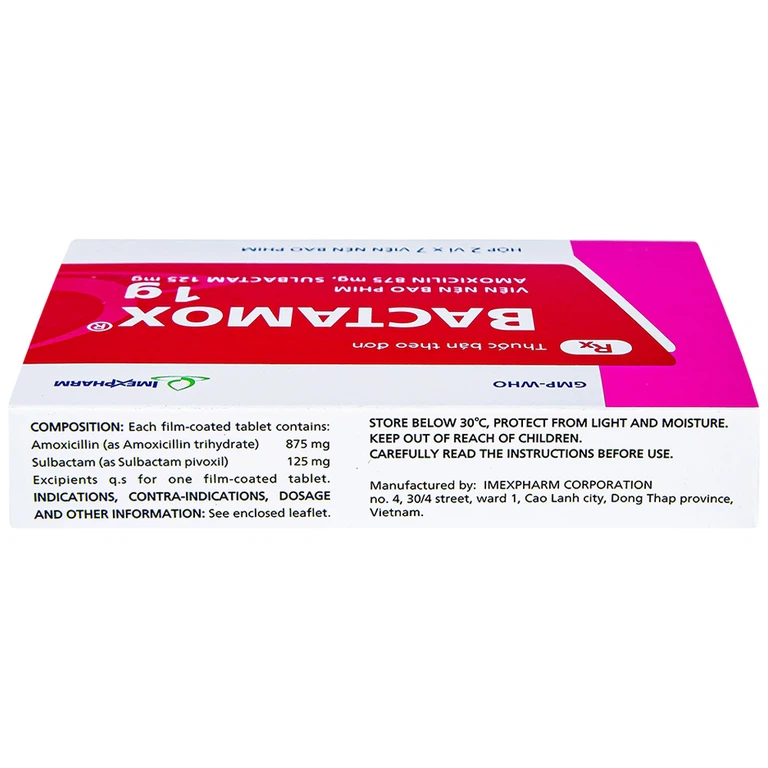 Thuốc Bactamox 1g Imexpharm điều trị nhiễm khuẩn (2 vỉ x 7 viên)