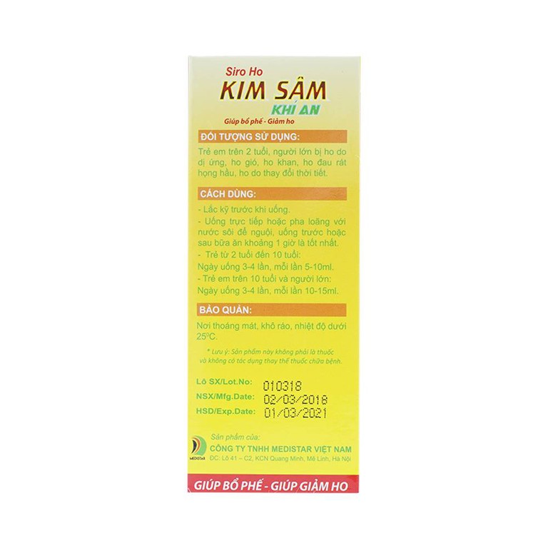 Siro Ho Kim Sâm Khí An Medistar giúp bổ phối, giảm rát họng (120ml)