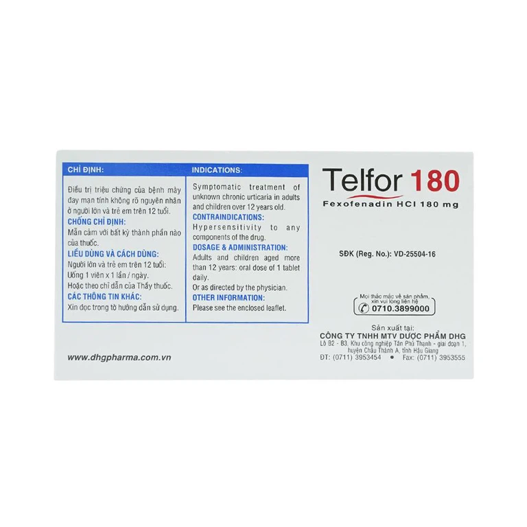 Thuốc Telfor 180 DHG điều trị triệu chứng của bệnh mày đay (2 vỉ x 10 viên)