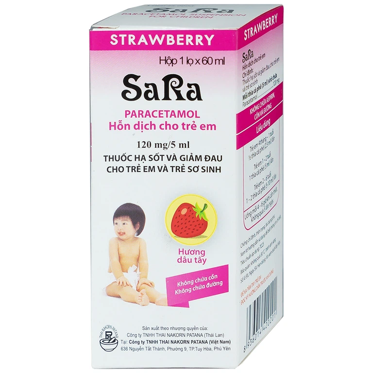 Thuốc Sara 120mg/5ml Thai Nakorn Patana hương dâu tây hạ sốt, giảm đau cho trẻ (60ml)