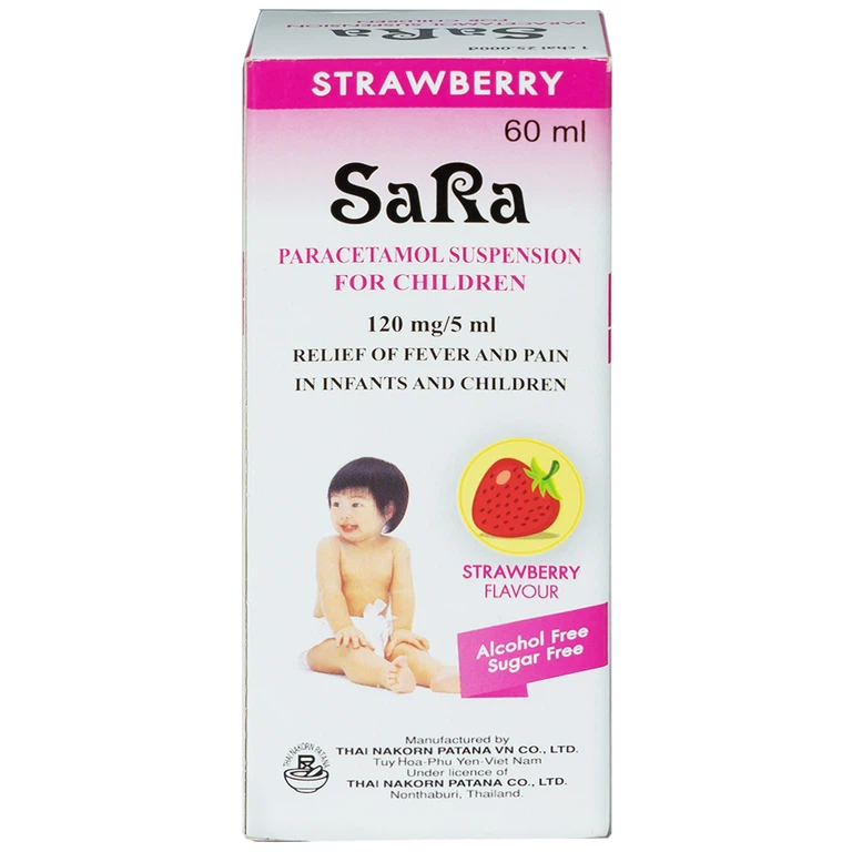 Thuốc Sara 120mg/5ml Thai Nakorn Patana hương dâu tây hạ sốt, giảm đau cho trẻ (60ml)