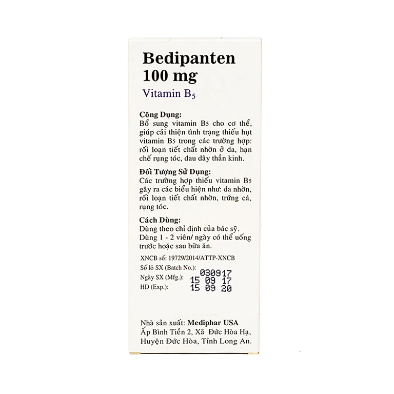 Viên uống Bedipanten 100mg Mediphar bổ sung vitamin B5 cho cơ thể (2 vỉ x 10 viên)
