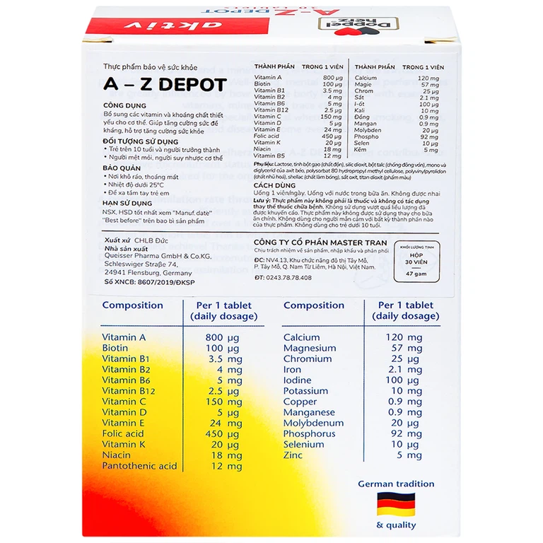 Viên uống A-Z Depot Doppelherz Aktiv bổ sung vitamin và khoáng chất (3 vỉ x 10 viên)