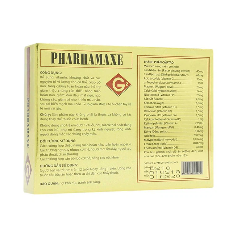 Viên uống Pharhamaxe G2 bổ sung Vitamin, khoáng chất, giúp bổ não tăng cường tuần hoàn não (30 viên)