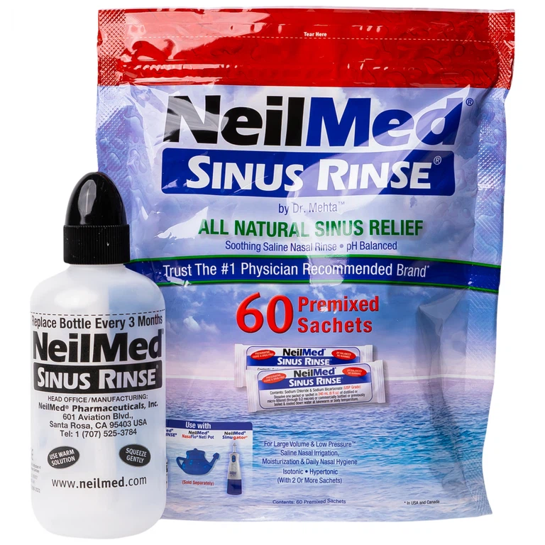 Bộ dụng cụ 1 bình + 60 gói bột rửa mũi NeilMed Sinus Rinse làm sạch và ngăn ngừa chứng viêm mũi dị ứng