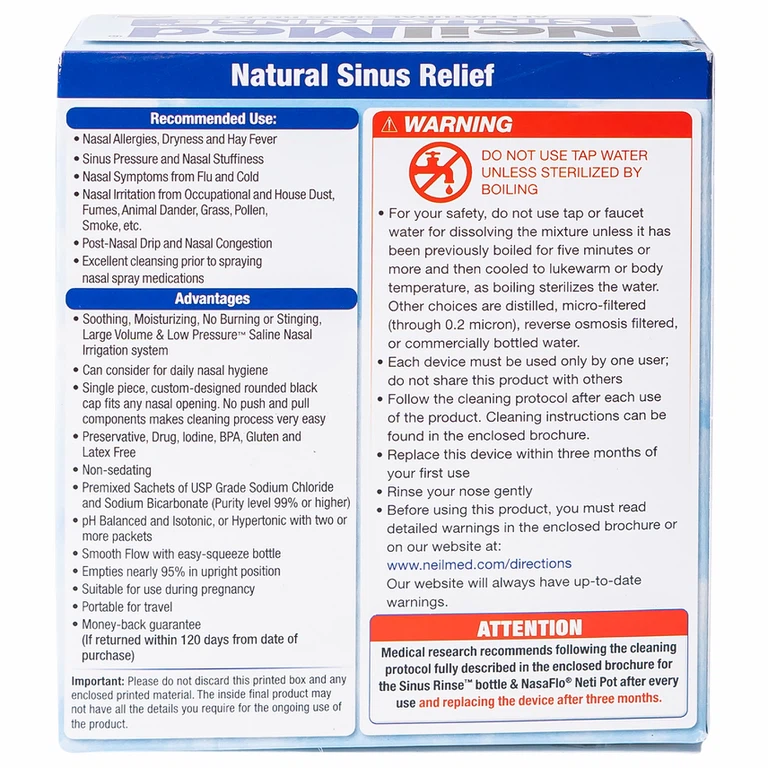 Bộ dụng cụ 1 bình + 60 gói bột rửa mũi NeilMed Sinus Rinse làm sạch và ngăn ngừa chứng viêm mũi dị ứng