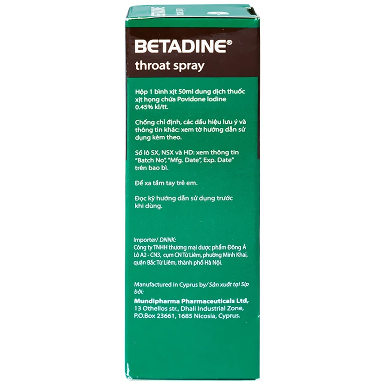 Thuốc xịt họng Betadine Throat Spray điều trị bệnh nhiễm trùng cấp tính niêm mạc miệng, họng (50ml)