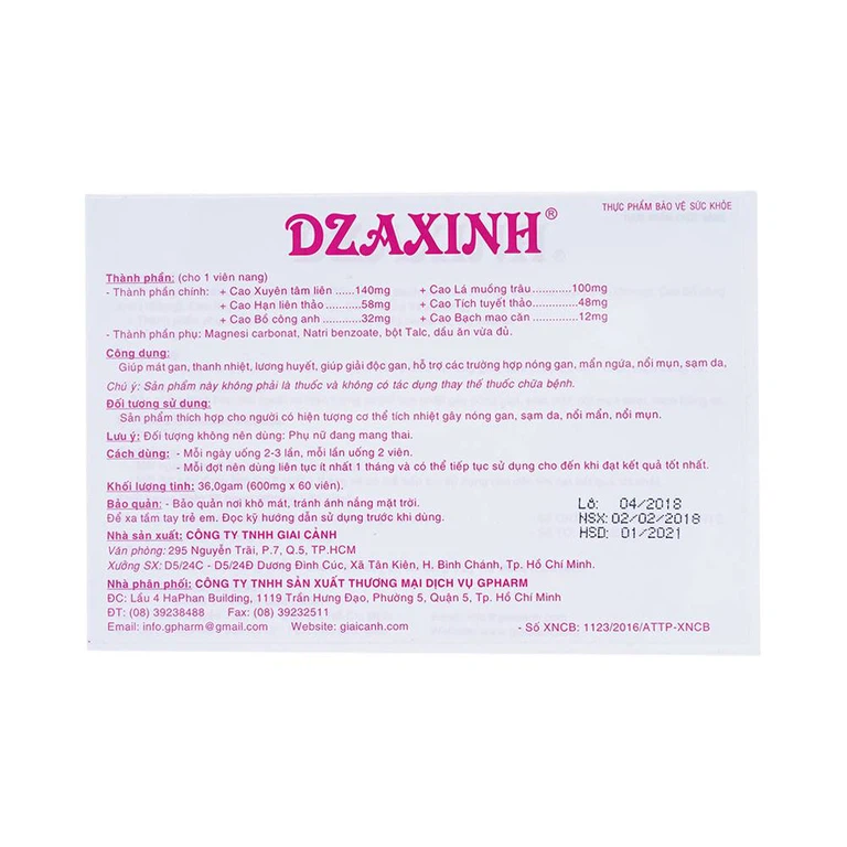 Viên uống Dzaxinh GPharm mát gan, ngừa mụn (6 vỉ x 10 viên)