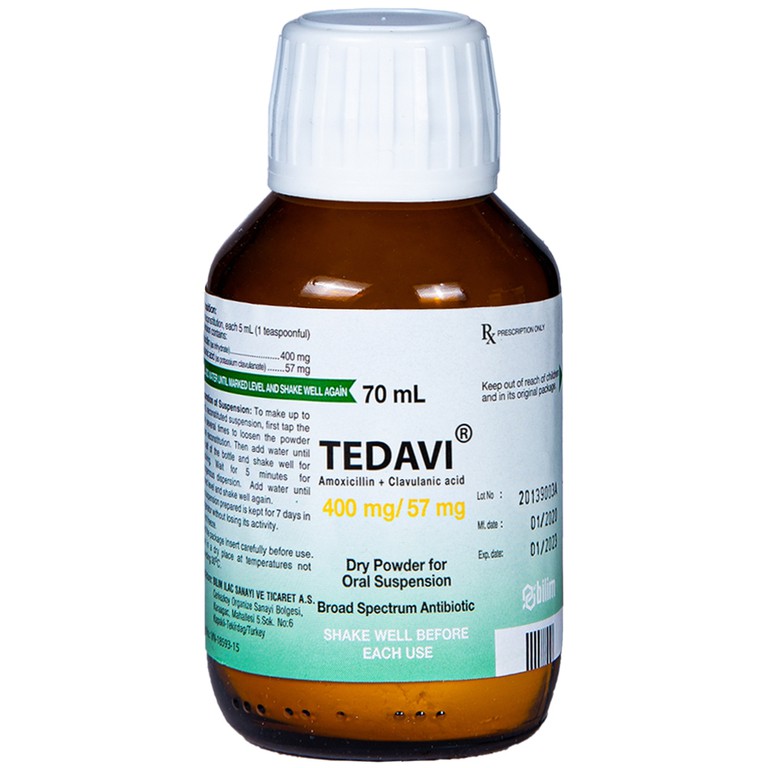 Bột pha uống Tedavi 400mg/57mg điều trị nhiễm khuẩn, viêm xoang, viêm tai giữa (70ml)