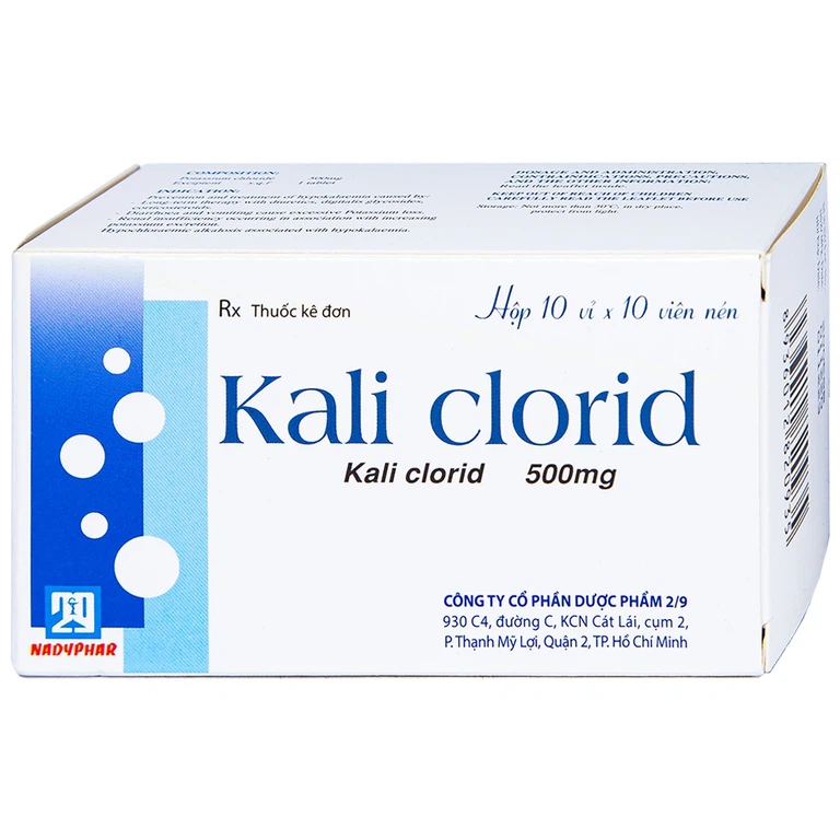 Viên nén Kali Clorid 500mg Nadyphar phòng và điều trị các chứng giảm kali huyết (10 vỉ x 10 viên) 