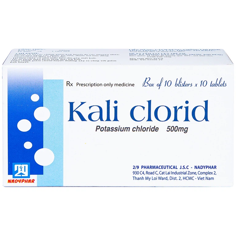 Viên nén Kali Clorid 500mg Nadyphar phòng và điều trị các chứng giảm kali huyết (10 vỉ x 10 viên) 