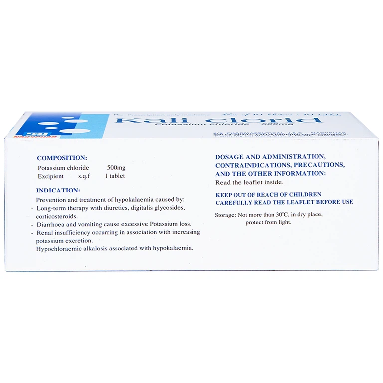 Viên nén Kali Clorid 500mg Nadyphar phòng và điều trị các chứng giảm kali huyết (10 vỉ x 10 viên) 