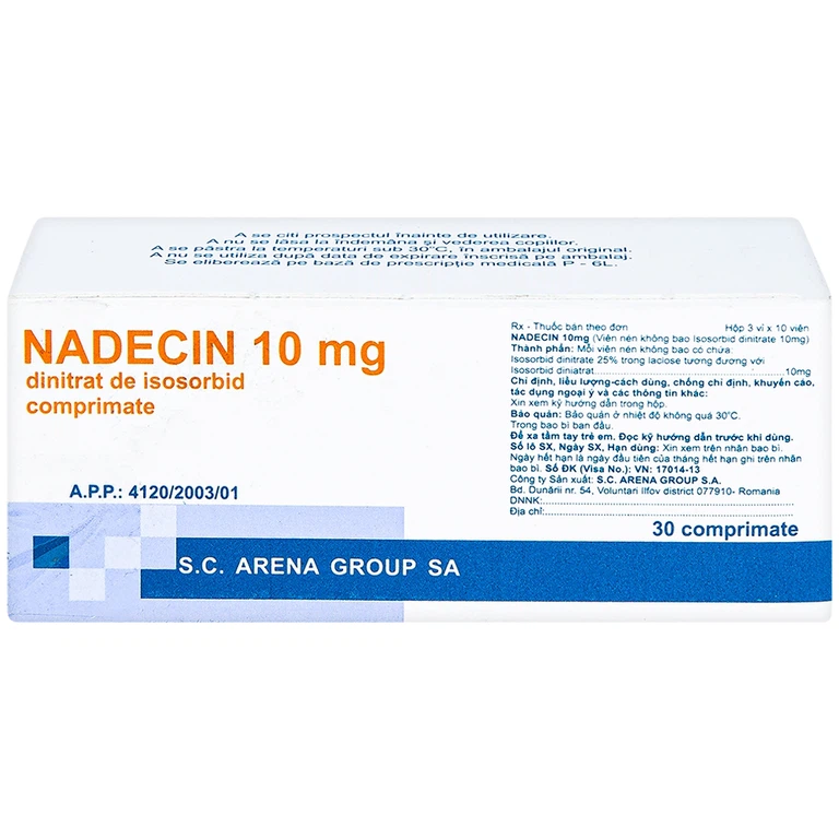 Thuốc Nadecin 10mg phòng và điều trị cơn đau thắt ngực, suy tim sung huyết (3 vỉ x 10 viên)