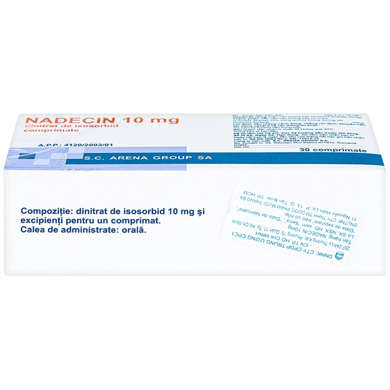 Thuốc Nadecin 10mg phòng và điều trị cơn đau thắt ngực, suy tim sung huyết (3 vỉ x 10 viên)