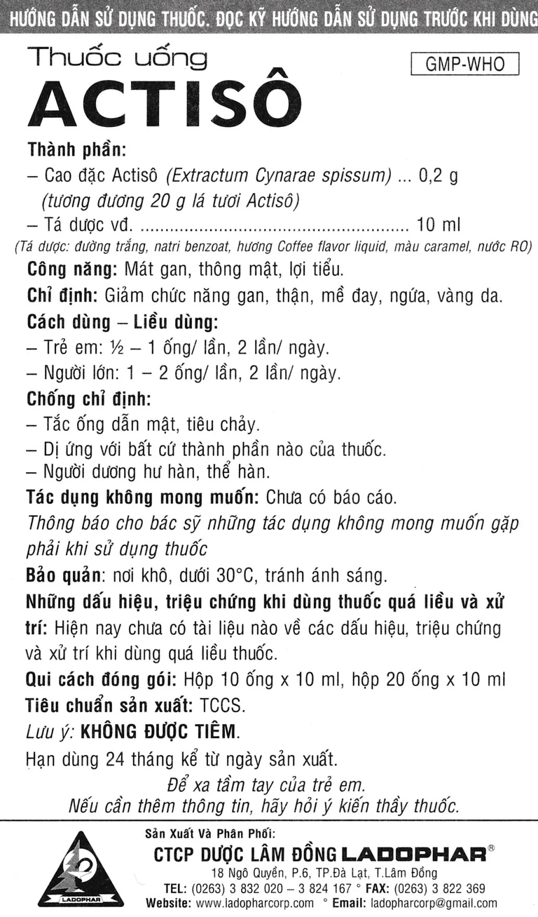 Thuốc uống Actiso Ladophar mát gan, thông mật, lợi tiểu (10 ống x 10 ml)