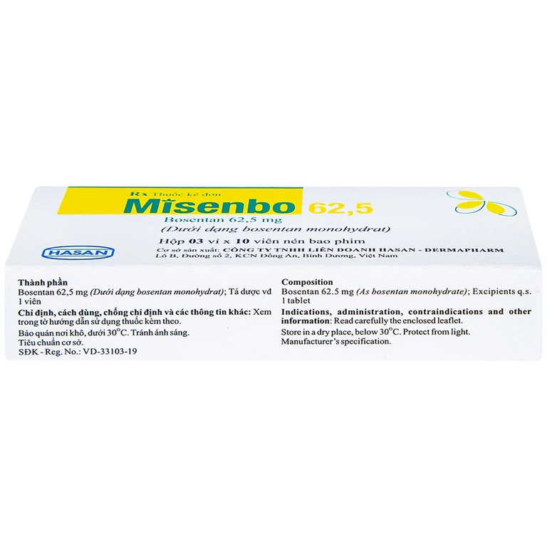 Viên nén Misenbo 62,5 Hasan điều trị tăng huyết áp động mạch phổi (3 vỉ x 10 viên)