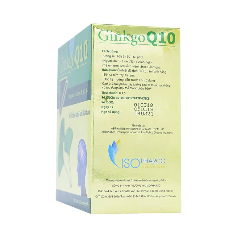 Viên uống Ginkgo Q10 ISO Pharco hỗ trợ tăng cường tuần hoàn máu (10 vỉ x 10 viên)