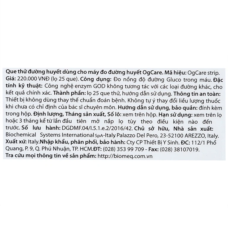 Que thử đường huyết dùng cho máy đo đường huyết OgCare (25 Cái)