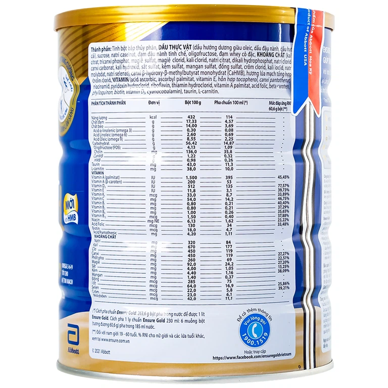 Sữa bột Ensure Gold Abbott hương lúa mạch bổ sung dinh dưỡng, vitamin, khoáng chất cho cơ thể (850g) 