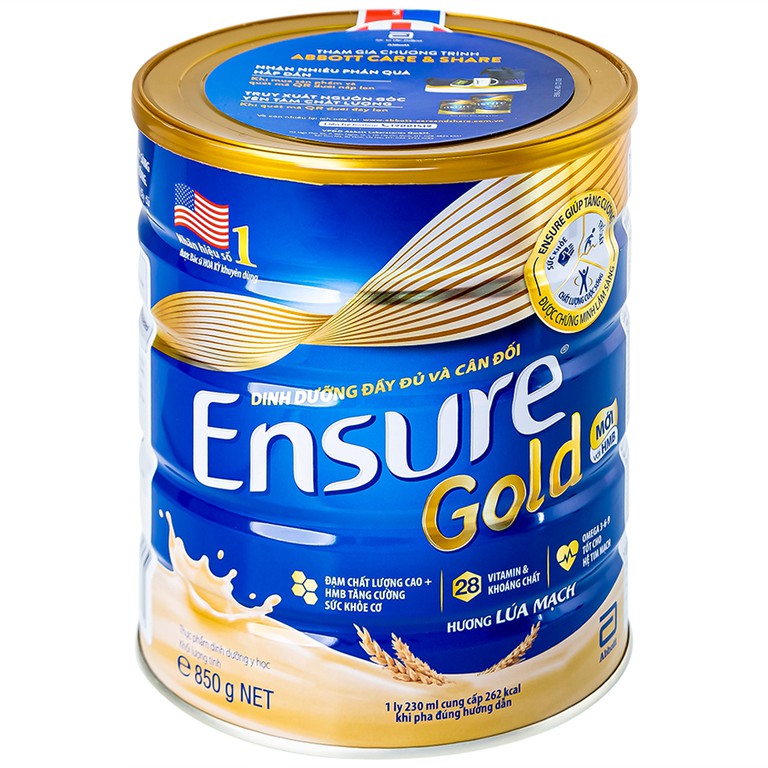 Sữa bột Ensure Gold Abbott hương lúa mạch bổ sung dinh dưỡng, vitamin, khoáng chất cho cơ thể (850g) 