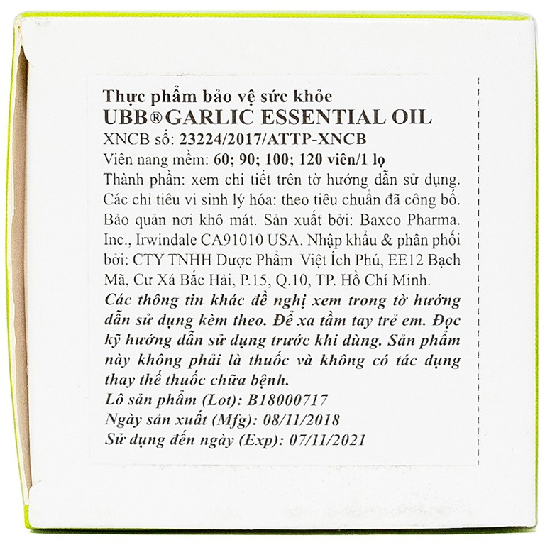 Viên tinh dầu tỏi Garlic Essential Oil UBB hỗ trợ ngừa cảm cúm, ăn không tiêu (100 viên)