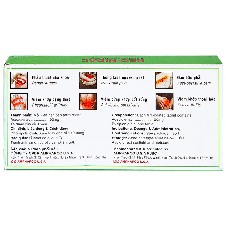 Viên nén Neo-Nidal 100mg Ampharco điều trị đau sau chấn thương, phẫu thuật (3 vỉ x 10 viên) 