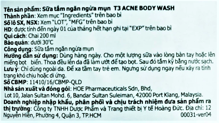 Sữa tắm T3 Acne Body Wash ngăn ngừa mụn (200ml)