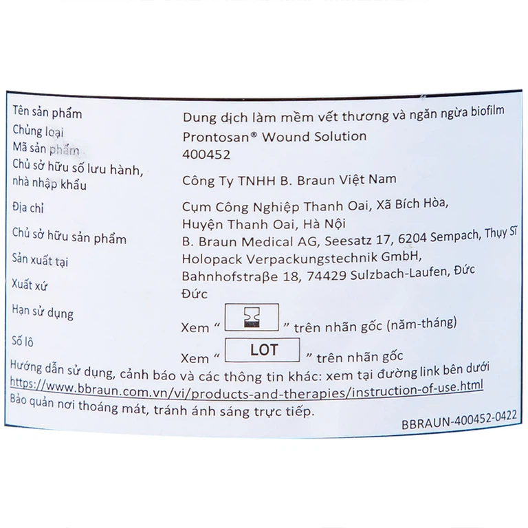 Dung dịch Prontosan Wound Solution B.Braun sát khuẩn, làm mềm vết loét (350ml) 