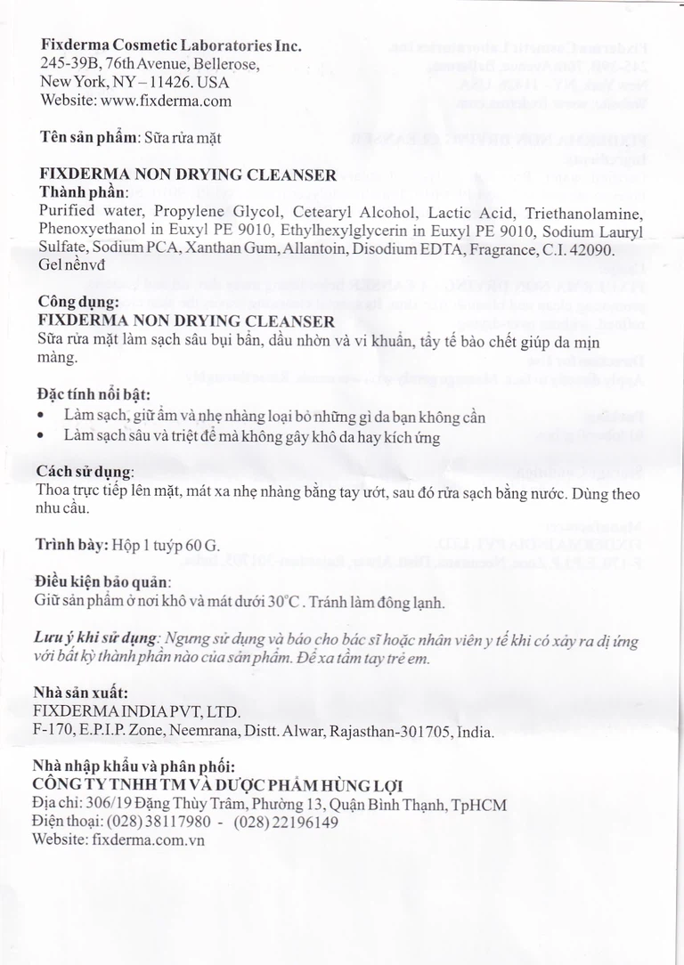 Sữa rửa mặt Fixderma Non Drying Cleanser làm sạch sâu bụi bẩn, dầu nhờn và vi khuẩn (60g)