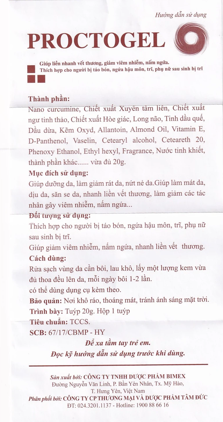 Gel Proctogel Bimex liền vết thương, giảm viêm nhiễm, nấm ngứa cho người táo bón, trĩ, ngứa hậu môn (20g)