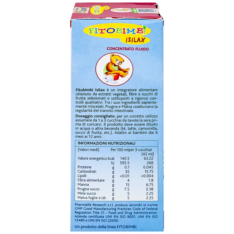 Siro Fitobimbi Isilax Concentrato Fluido Pharmalife nhuận tràng, hỗ trợ giảm táo bón cho trẻ (200ml)