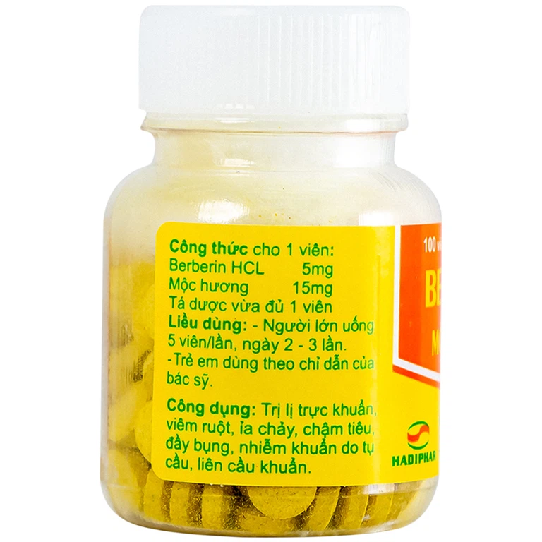 Thuốc Berberin Mộc Hương Hadiphar điều trị lỵ trực khuẩn, hội chứng lỵ (100 viên)