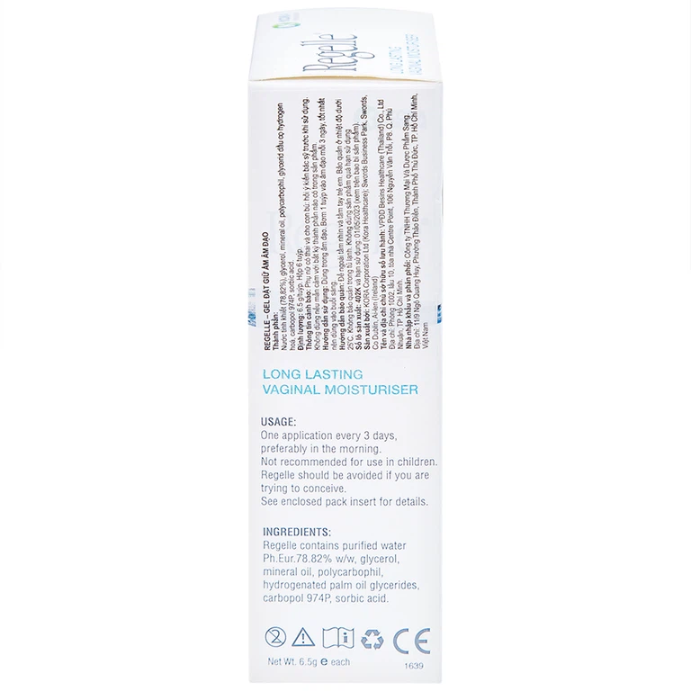 Gel đặt giữ ẩm âm đạo Regelle Kora Healthcare 6.5g cải thiện khô, đau âm đạo (6 tuýp)