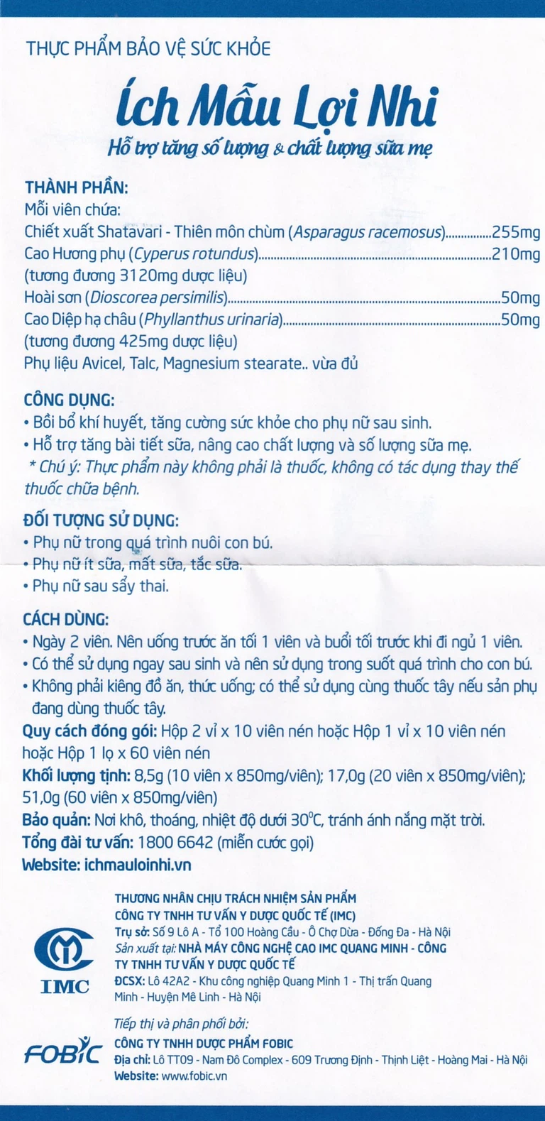 Viên uống Ích Mẫu Lợi Nhi IMC hỗ trợ tăng tiết sữa, tăng lượng sữa mẹ (60 viên)