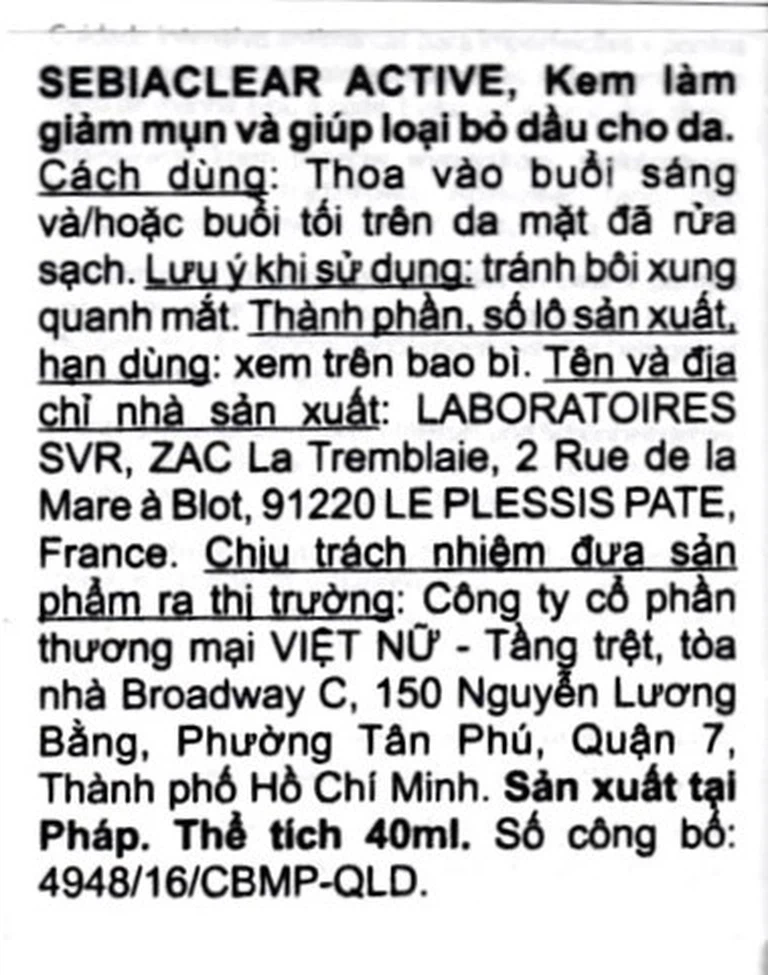 Kem SVR Sebiaclear Active làm giảm mụn, loại bỏ dầu cho da (40ml)